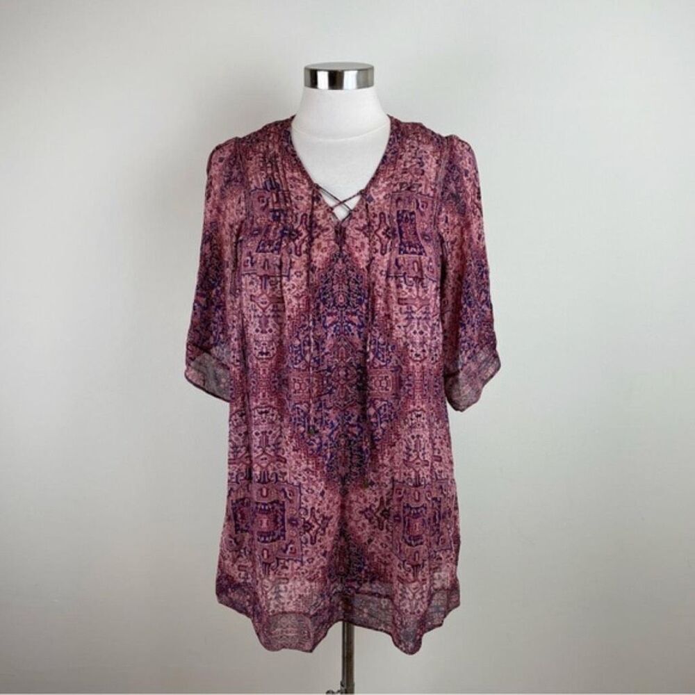 Joie Silk Boho Print Blouse XS Pink Purple Lace Up Flutter Sleeve Relaxed Fit